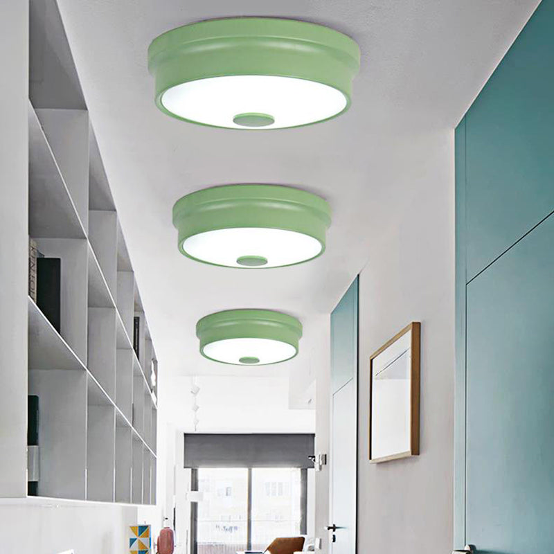 Macaron Drum Ceiling Flush Light Metal Led Kids Room Flushmount Lighting in Black/Green/Pink/Yellow with Frosted Glass Diffuser Green A Clearhalo 'Ceiling Lights' 'Close To Ceiling Lights' 'Close to ceiling' 'Flush mount' Lighting' 377828