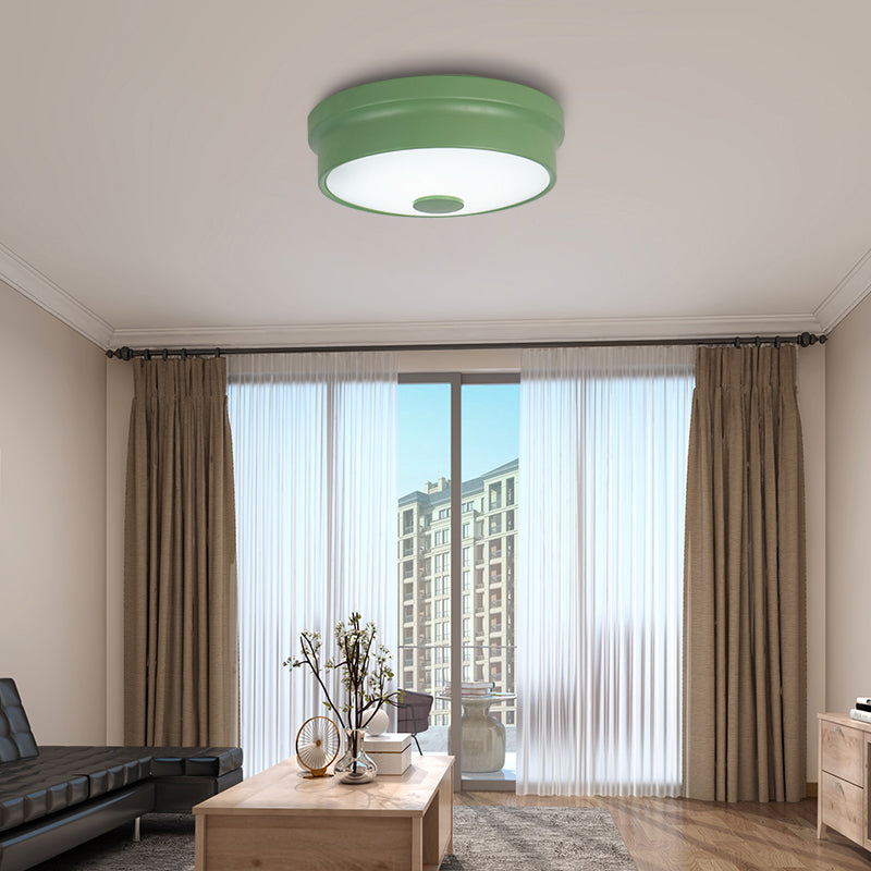 Macaron Drum Ceiling Flush Light Metal Led Kids Room Flushmount Lighting in Black/Green/Pink/Yellow with Frosted Glass Diffuser Clearhalo 'Ceiling Lights' 'Close To Ceiling Lights' 'Close to ceiling' 'Flush mount' Lighting' 377829