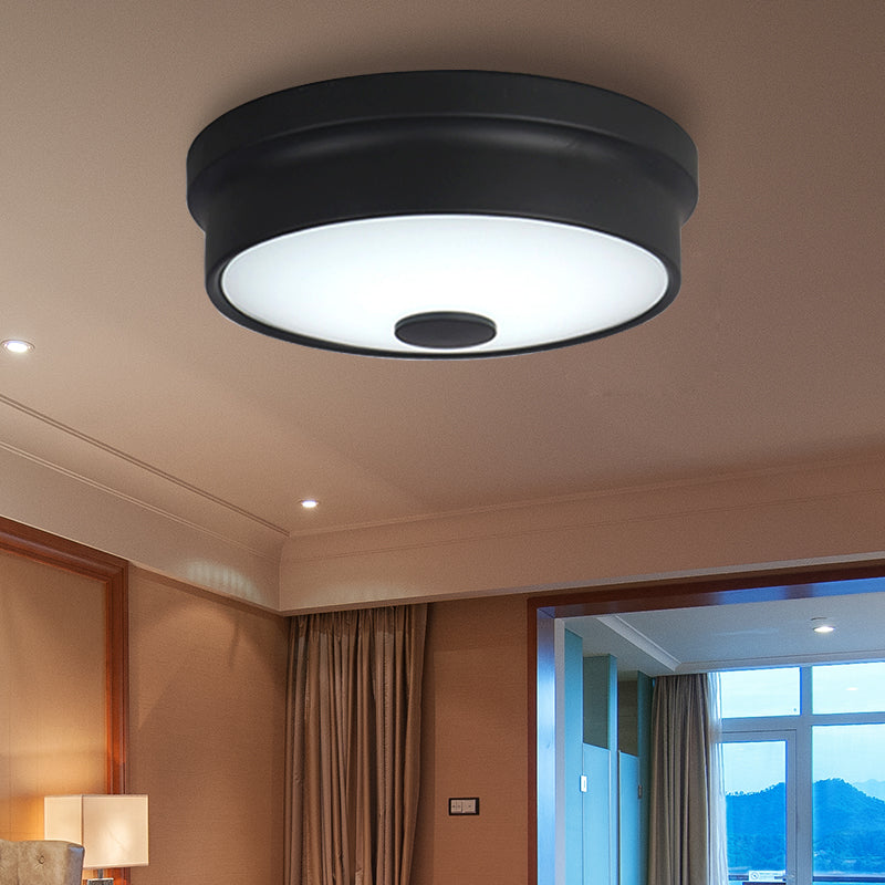 Macaron Drum Ceiling Flush Light Metal Led Kids Room Flushmount Lighting in Black/Green/Pink/Yellow with Frosted Glass Diffuser Black A Clearhalo 'Ceiling Lights' 'Close To Ceiling Lights' 'Close to ceiling' 'Flush mount' Lighting' 377831