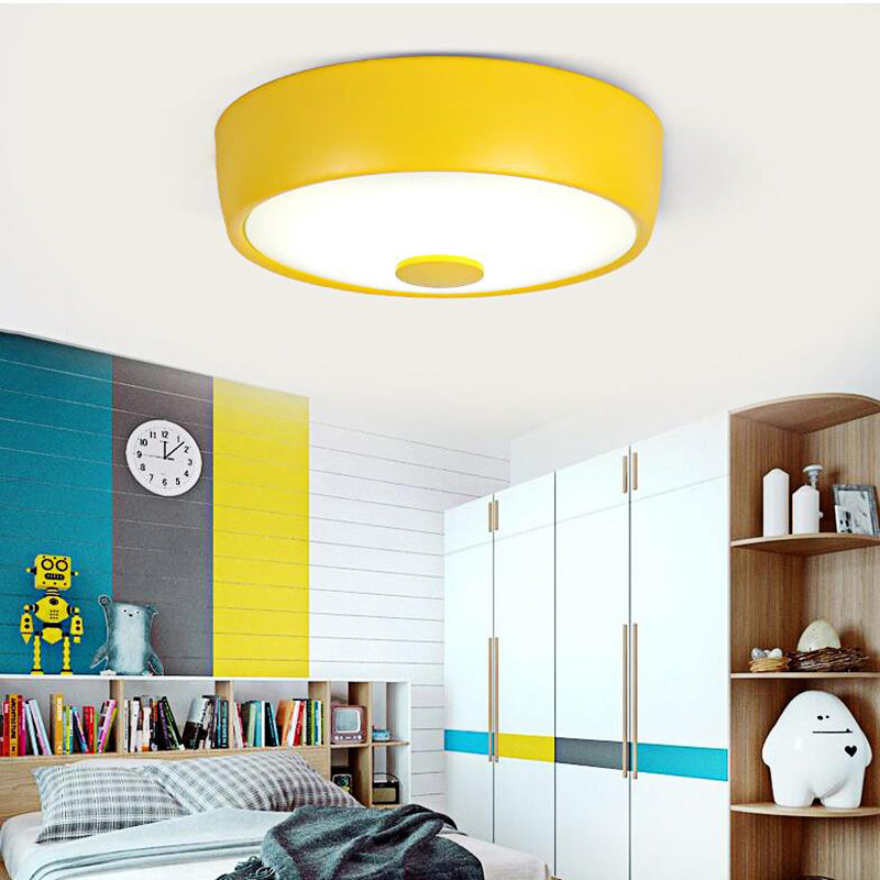 Macaron Drum Ceiling Flush Light Metal Led Kids Room Flushmount Lighting in Black/Green/Pink/Yellow with Frosted Glass Diffuser Yellow B Clearhalo 'Ceiling Lights' 'Close To Ceiling Lights' 'Close to ceiling' 'Flush mount' Lighting' 377834