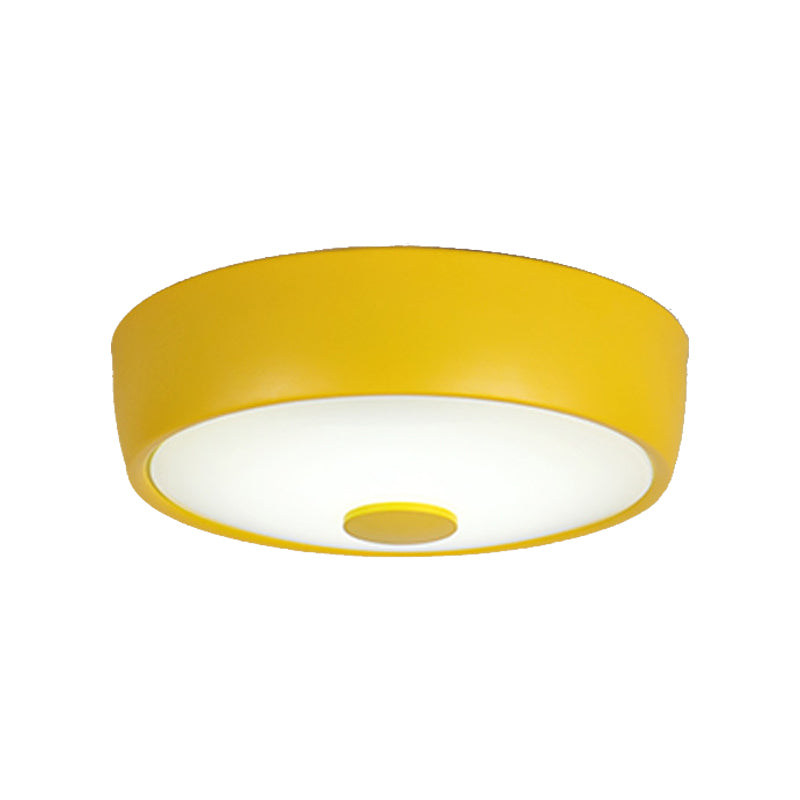 Macaron Drum Ceiling Flush Light Metal Led Kids Room Flushmount Lighting in Black/Green/Pink/Yellow with Frosted Glass Diffuser Clearhalo 'Ceiling Lights' 'Close To Ceiling Lights' 'Close to ceiling' 'Flush mount' Lighting' 377836