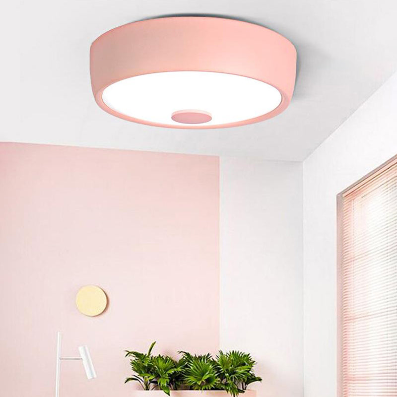 Macaron Drum Ceiling Flush Light Metal Led Kids Room Flushmount Lighting in Black/Green/Pink/Yellow with Frosted Glass Diffuser Pink B Clearhalo 'Ceiling Lights' 'Close To Ceiling Lights' 'Close to ceiling' 'Flush mount' Lighting' 377837