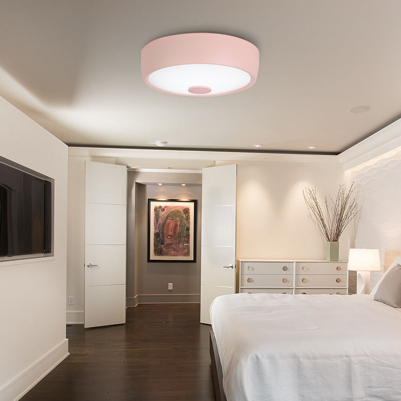 Macaron Drum Ceiling Flush Light Metal Led Kids Room Flushmount Lighting in Black/Green/Pink/Yellow with Frosted Glass Diffuser Clearhalo 'Ceiling Lights' 'Close To Ceiling Lights' 'Close to ceiling' 'Flush mount' Lighting' 377838