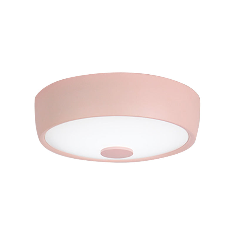 Macaron Drum Ceiling Flush Light Metal Led Kids Room Flushmount Lighting in Black/Green/Pink/Yellow with Frosted Glass Diffuser Clearhalo 'Ceiling Lights' 'Close To Ceiling Lights' 'Close to ceiling' 'Flush mount' Lighting' 377839
