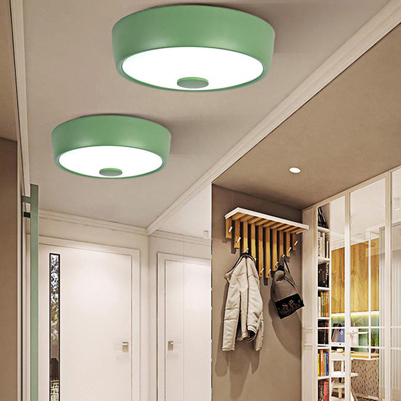 Macaron Drum Ceiling Flush Light Metal Led Kids Room Flushmount Lighting in Black/Green/Pink/Yellow with Frosted Glass Diffuser Green B Clearhalo 'Ceiling Lights' 'Close To Ceiling Lights' 'Close to ceiling' 'Flush mount' Lighting' 377840