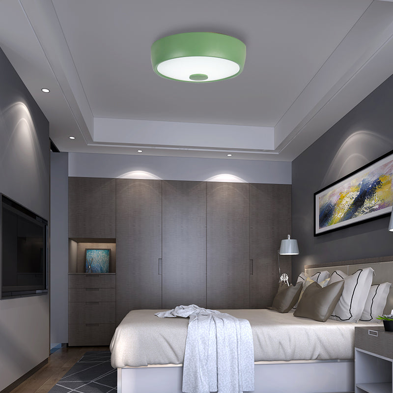 Macaron Drum Ceiling Flush Light Metal Led Kids Room Flushmount Lighting in Black/Green/Pink/Yellow with Frosted Glass Diffuser Clearhalo 'Ceiling Lights' 'Close To Ceiling Lights' 'Close to ceiling' 'Flush mount' Lighting' 377841