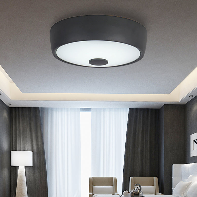 Macaron Drum Ceiling Flush Light Metal Led Kids Room Flushmount Lighting in Black/Green/Pink/Yellow with Frosted Glass Diffuser Black B Clearhalo 'Ceiling Lights' 'Close To Ceiling Lights' 'Close to ceiling' 'Flush mount' Lighting' 377843