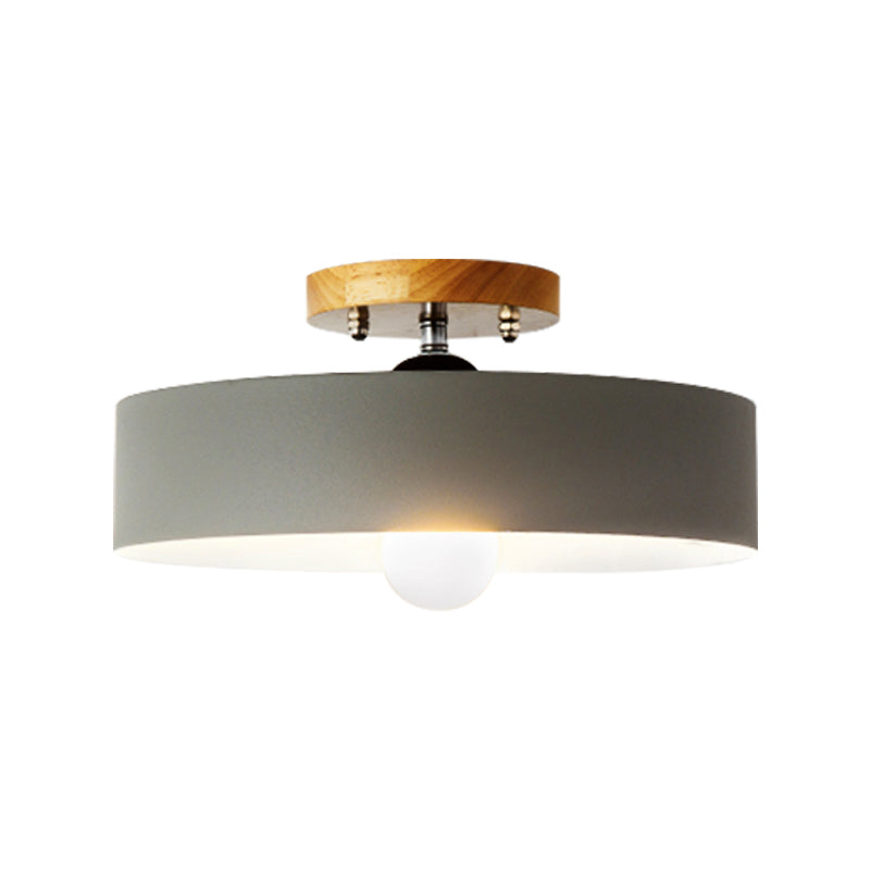 Drum Semi Mount Lighting Modernist Metal 1 Light 12" W Gray/White/Red/Pink Ceiling Mounted Fixture for Living Room Clearhalo 'Ceiling Lights' 'Close To Ceiling Lights' 'Close to ceiling' 'Semi-flushmount' Lighting' 379505