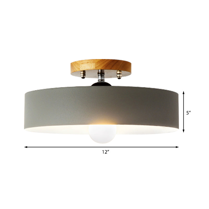 Drum Semi Mount Lighting Modernist Metal 1 Light 12" W Gray/White/Red/Pink Ceiling Mounted Fixture for Living Room Clearhalo 'Ceiling Lights' 'Close To Ceiling Lights' 'Close to ceiling' 'Semi-flushmount' Lighting' 379506