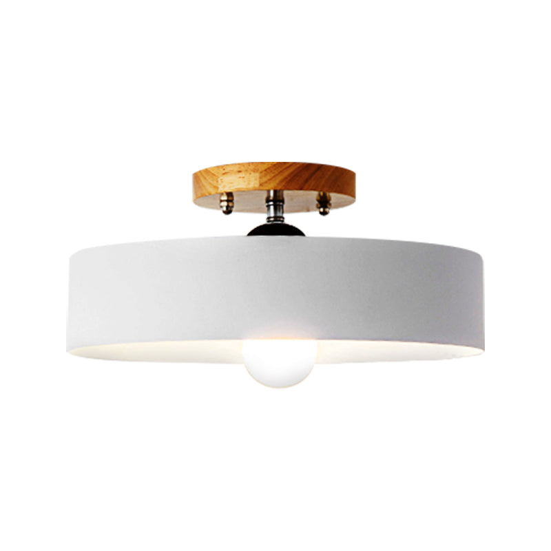 Drum Semi Mount Lighting Modernist Metal 1 Light 12" W Gray/White/Red/Pink Ceiling Mounted Fixture for Living Room Clearhalo 'Ceiling Lights' 'Close To Ceiling Lights' 'Close to ceiling' 'Semi-flushmount' Lighting' 379508