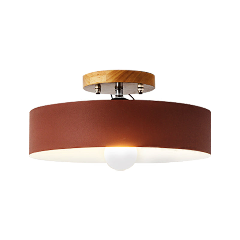 Drum Semi Mount Lighting Modernist Metal 1 Light 12" W Gray/White/Red/Pink Ceiling Mounted Fixture for Living Room Clearhalo 'Ceiling Lights' 'Close To Ceiling Lights' 'Close to ceiling' 'Semi-flushmount' Lighting' 379510