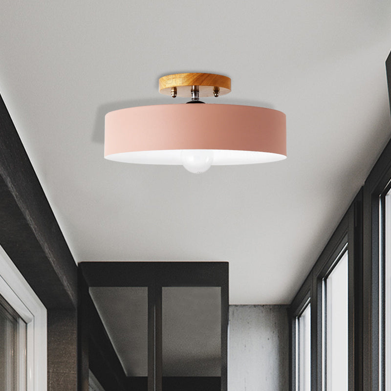 Drum Semi Mount Lighting Modernist Metal 1 Light 12" W Gray/White/Red/Pink Ceiling Mounted Fixture for Living Room Pink Clearhalo 'Ceiling Lights' 'Close To Ceiling Lights' 'Close to ceiling' 'Semi-flushmount' Lighting' 379511