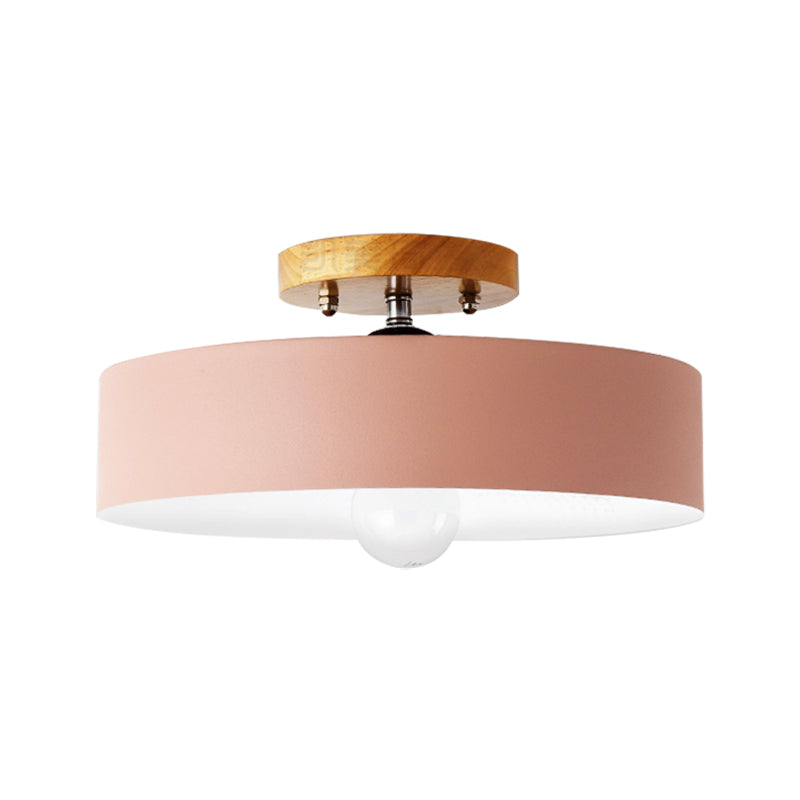 Drum Semi Mount Lighting Modernist Metal 1 Light 12" W Gray/White/Red/Pink Ceiling Mounted Fixture for Living Room Clearhalo 'Ceiling Lights' 'Close To Ceiling Lights' 'Close to ceiling' 'Semi-flushmount' Lighting' 379512