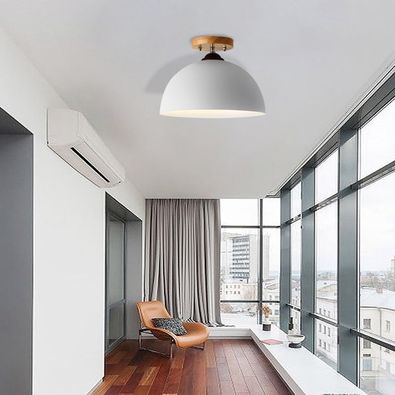 Red/Pink/White/Gray Domed Semi Flushmount Light Macaron Metal 1 Head Bedroom Semi Flush Ceiling Light, 12" W White Clearhalo 'Ceiling Lights' 'Close To Ceiling Lights' 'Close to ceiling' 'Semi-flushmount' Lighting' 379513