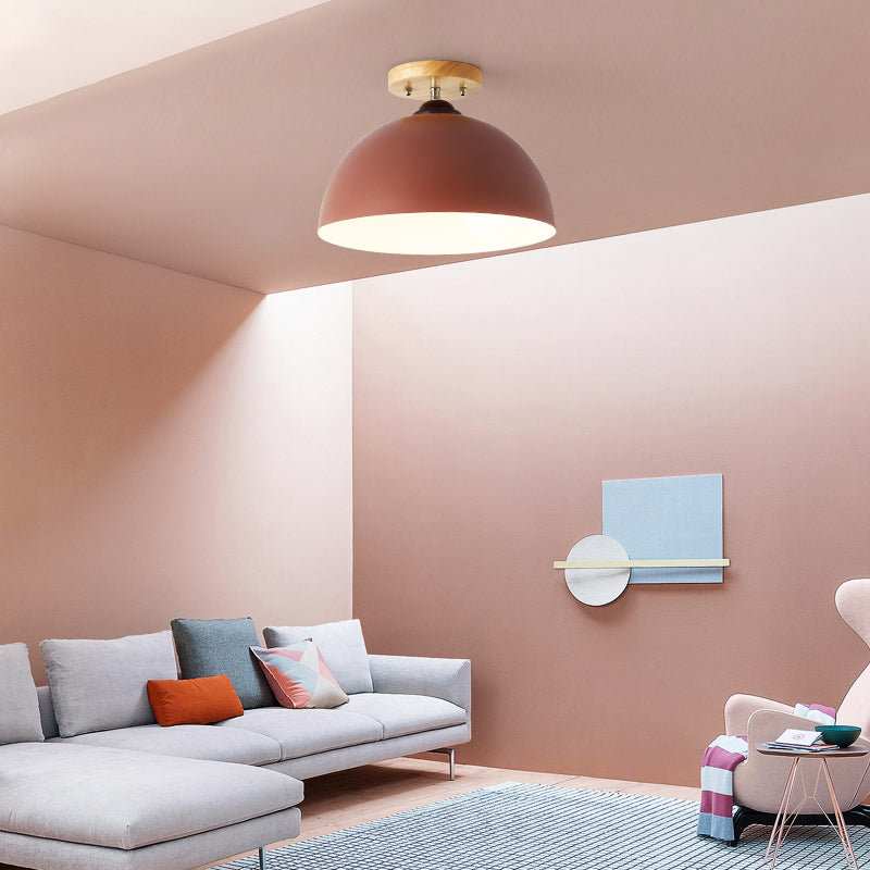 Red/Pink/White/Gray Domed Semi Flushmount Light Macaron Metal 1 Head Bedroom Semi Flush Ceiling Light, 12" W Clearhalo 'Ceiling Lights' 'Close To Ceiling Lights' 'Close to ceiling' 'Semi-flushmount' Lighting' 379519