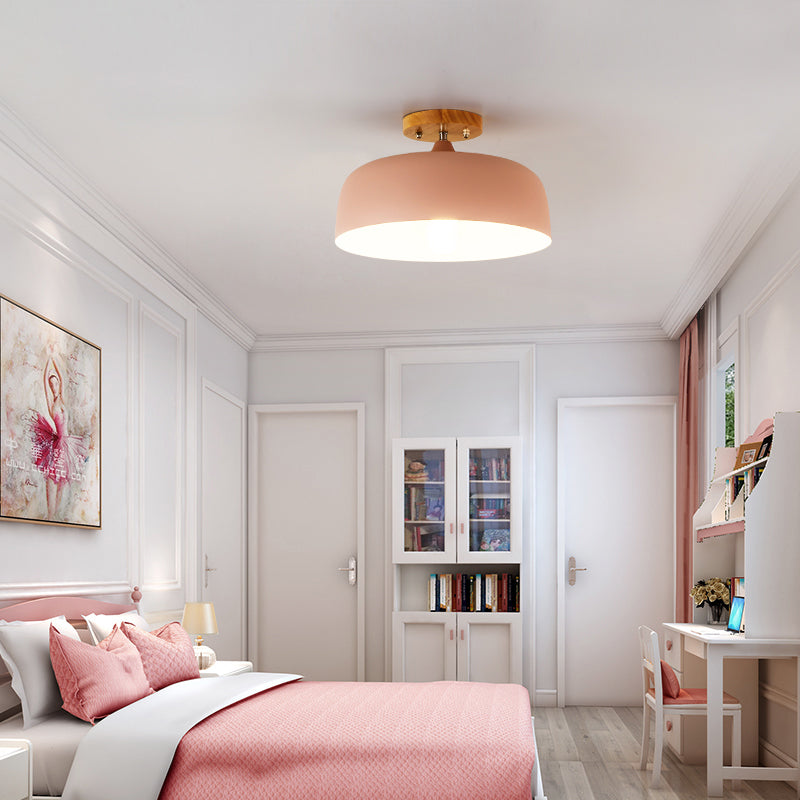 1 Light Gray/White/Pink/Green Ceiling Flush Mount Light with Drum Metal Lampshade Simple Semi-Flushmount Lamp Pink Clearhalo 'Ceiling Lights' 'Close To Ceiling Lights' 'Close to ceiling' 'Semi-flushmount' Lighting' 379524