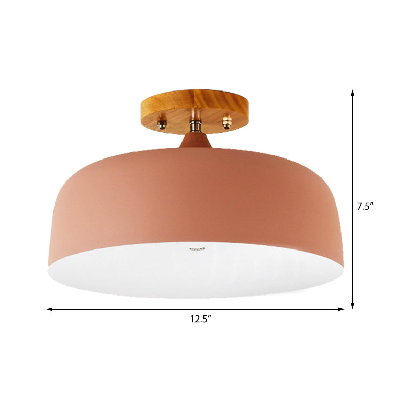 1 Light Gray/White/Pink/Green Ceiling Flush Mount Light with Drum Metal Lampshade Simple Semi-Flushmount Lamp Clearhalo 'Ceiling Lights' 'Close To Ceiling Lights' 'Close to ceiling' 'Semi-flushmount' Lighting' 379527