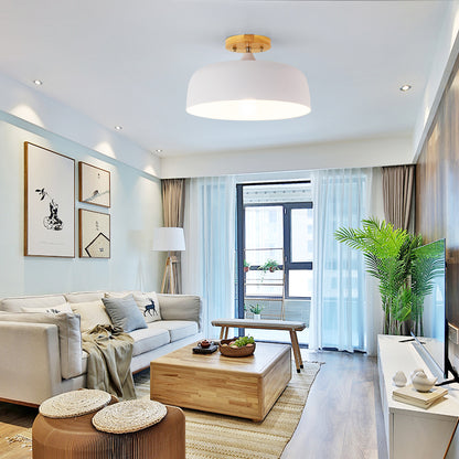 1 Light Gray/White/Pink/Green Ceiling Flush Mount Light with Drum Metal Lampshade Simple Semi-Flushmount Lamp White Clearhalo 'Ceiling Lights' 'Close To Ceiling Lights' 'Close to ceiling' 'Semi-flushmount' Lighting' 379528