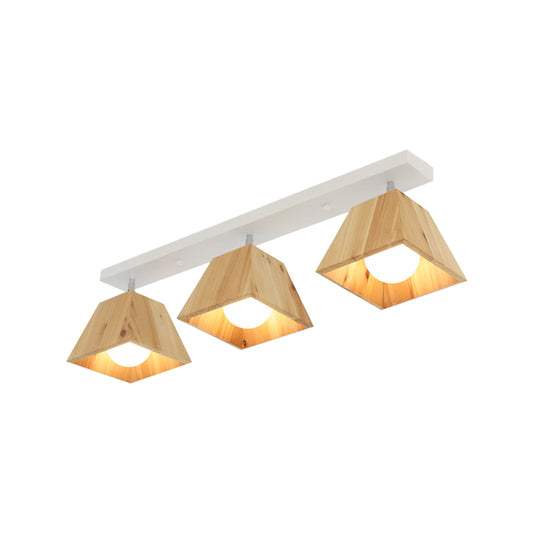 Black/White Linear Semi Flushmount Lamp with Trapezoid Wooden Shade Modern 2/3-Bulb Semi Flush Ceiling Fixture Clearhalo 'Ceiling Lights' 'Close To Ceiling Lights' 'Close to ceiling' 'Semi-flushmount' Lighting' 379565