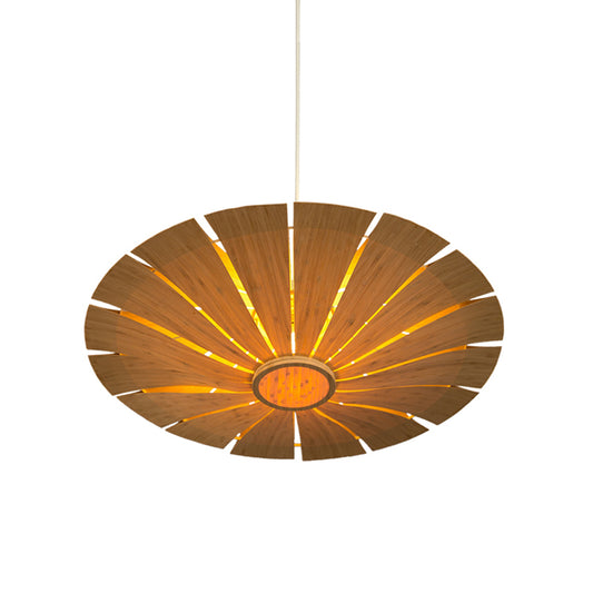 Flying Saucer Ceiling Lamp Asian Wood 19.5"/27.5" Wide 1 Bulb Beige Pendant Lighting Fixture Clearhalo 'Ceiling Lights' 'Pendant Lights' 'Pendants' Lighting' 379676