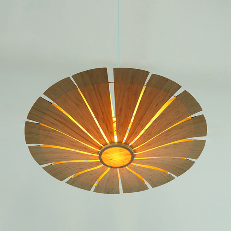 Flying Saucer Ceiling Lamp Asian Wood 19.5"/27.5" Wide 1 Bulb Beige Pendant Lighting Fixture Clearhalo 'Ceiling Lights' 'Pendant Lights' 'Pendants' Lighting' 379677