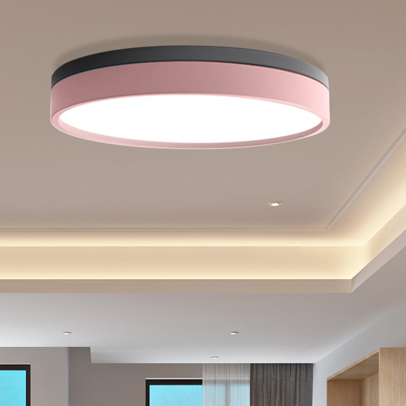 Nordic Tambour Iron Flush Mount 12/16/19.5 Inch Dia LED Ceiling Lighting Fixture in White Light, White/Pink/Yellow Pink 12" White Clearhalo 'Ceiling Lights' 'Close To Ceiling Lights' 'Close to ceiling' 'Flush mount' Lighting' 379871