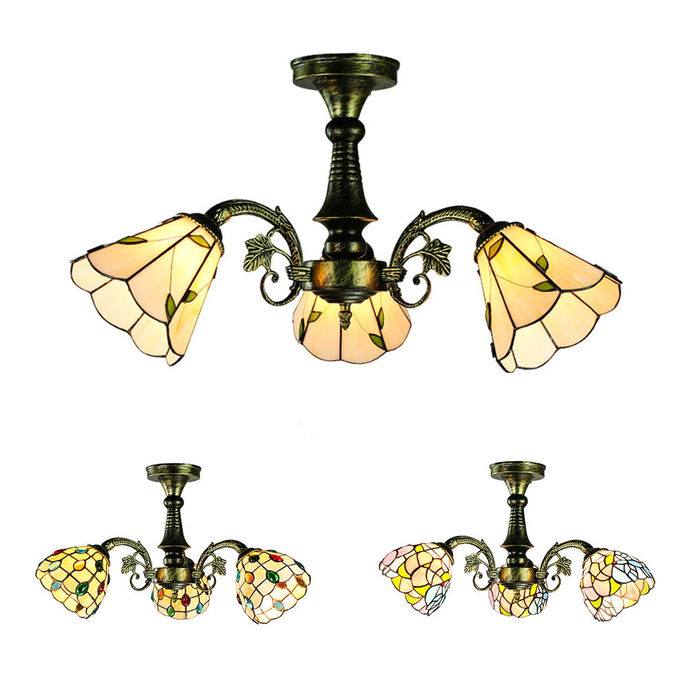 3 Lights Peacock Tail/Leaf/Flower Chandelier Light Stained Glass Tiffany Rustic Ceiling Light in Antique Bronze for Dining Room Clearhalo 'Ceiling Lights' 'Close To Ceiling Lights' 'Close to ceiling' 'Glass shade' 'Glass' 'Semi-flushmount' 'Tiffany close to ceiling' 'Tiffany' Lighting' 37991