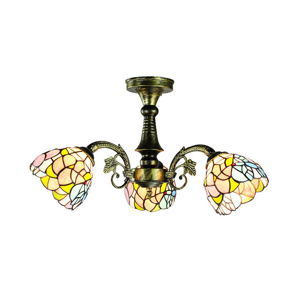 3 Lights Peacock Tail/Leaf/Flower Chandelier Light Stained Glass Tiffany Rustic Ceiling Light in Antique Bronze for Dining Room Clearhalo 'Ceiling Lights' 'Close To Ceiling Lights' 'Close to ceiling' 'Glass shade' 'Glass' 'Semi-flushmount' 'Tiffany close to ceiling' 'Tiffany' Lighting' 37992