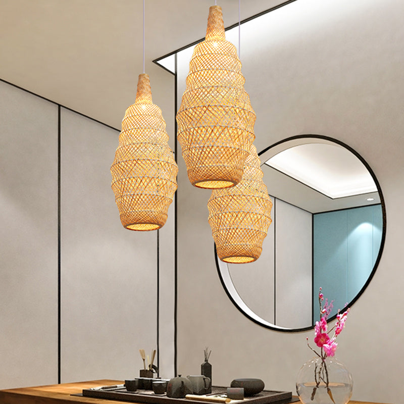 1 Bulb Hand Woven Pendant Light Chinese Bamboo Suspended Lighting Fixture in Flaxen Flaxen Clearhalo 'Ceiling Lights' 'Pendant Lights' 'Pendants' Lighting' 379961_a5c42b82-4602-4a58-9e43-753c020037ee