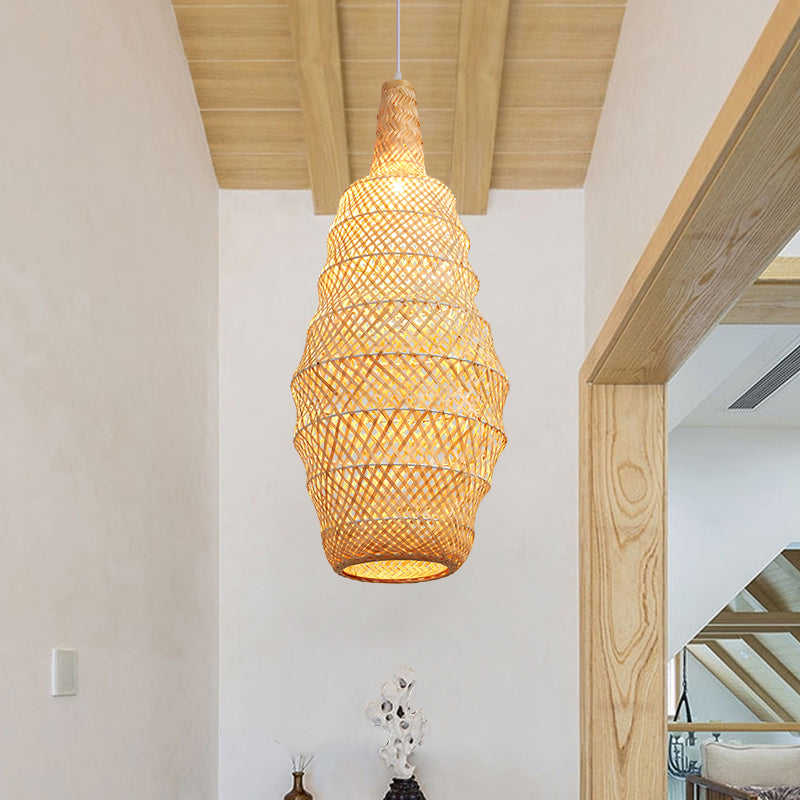 1 Bulb Hand Woven Pendant Light Chinese Bamboo Suspended Lighting Fixture in Flaxen Clearhalo 'Ceiling Lights' 'Pendant Lights' 'Pendants' Lighting' 379962