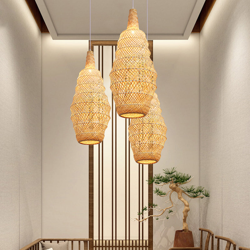 1 Bulb Hand Woven Pendant Light Chinese Bamboo Suspended Lighting Fixture in Flaxen Clearhalo 'Ceiling Lights' 'Pendant Lights' 'Pendants' Lighting' 379963