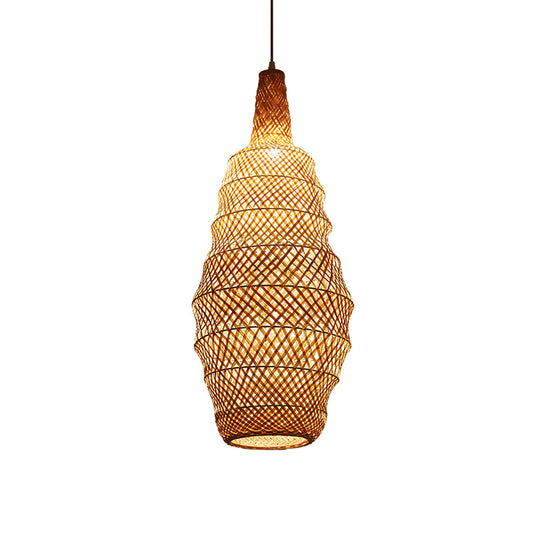 1 Bulb Hand Woven Pendant Light Chinese Bamboo Suspended Lighting Fixture in Flaxen Clearhalo 'Ceiling Lights' 'Pendant Lights' 'Pendants' Lighting' 379964