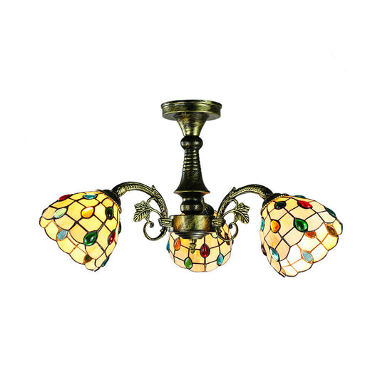 3 Lights Peacock Tail/Leaf/Flower Chandelier Light Stained Glass Tiffany Rustic Ceiling Light in Antique Bronze for Dining Room Clearhalo 'Ceiling Lights' 'Close To Ceiling Lights' 'Close to ceiling' 'Glass shade' 'Glass' 'Semi-flushmount' 'Tiffany close to ceiling' 'Tiffany' Lighting' 37996