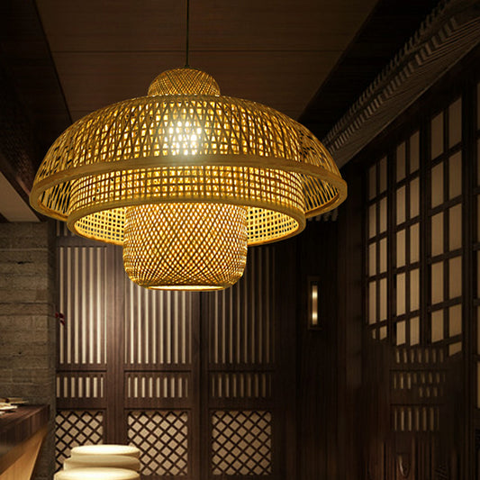 1 Bulb Teahouse Pendant Lamp Asia Flaxen Ceiling Hanging Light with Tiered Bamboo Shade Clearhalo 'Ceiling Lights' 'Pendant Lights' 'Pendants' Lighting' 379998