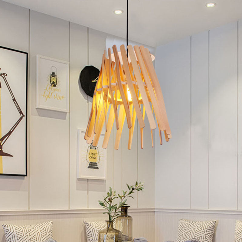 1 Bulb Bedroom Hanging Lamp Asia Beige Ceiling Pendant Light with Conical Wood Shade Clearhalo 'Ceiling Lights' 'Pendant Lights' 'Pendants' Lighting' 380137