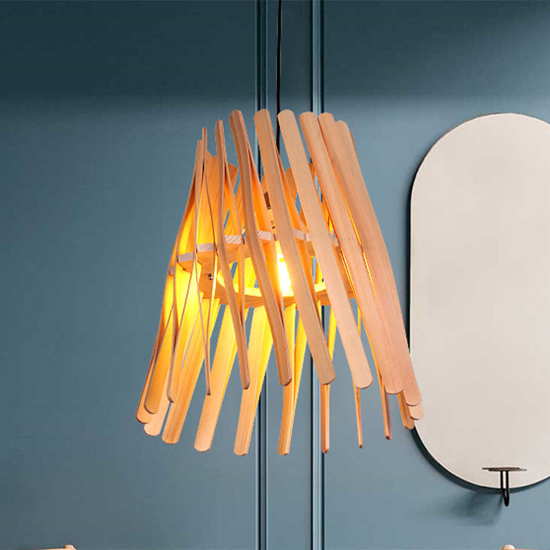 1 Bulb Bedroom Hanging Lamp Asia Beige Ceiling Pendant Light with Conical Wood Shade Clearhalo 'Ceiling Lights' 'Pendant Lights' 'Pendants' Lighting' 380138