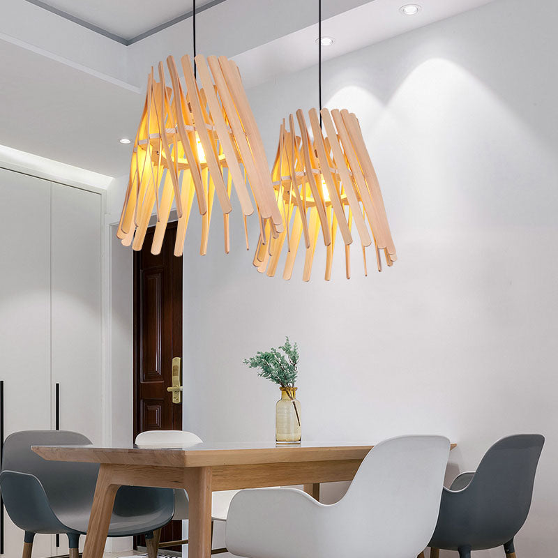 1 Bulb Bedroom Hanging Lamp Asia Beige Ceiling Pendant Light with Conical Wood Shade Clearhalo 'Ceiling Lights' 'Pendant Lights' 'Pendants' Lighting' 380139
