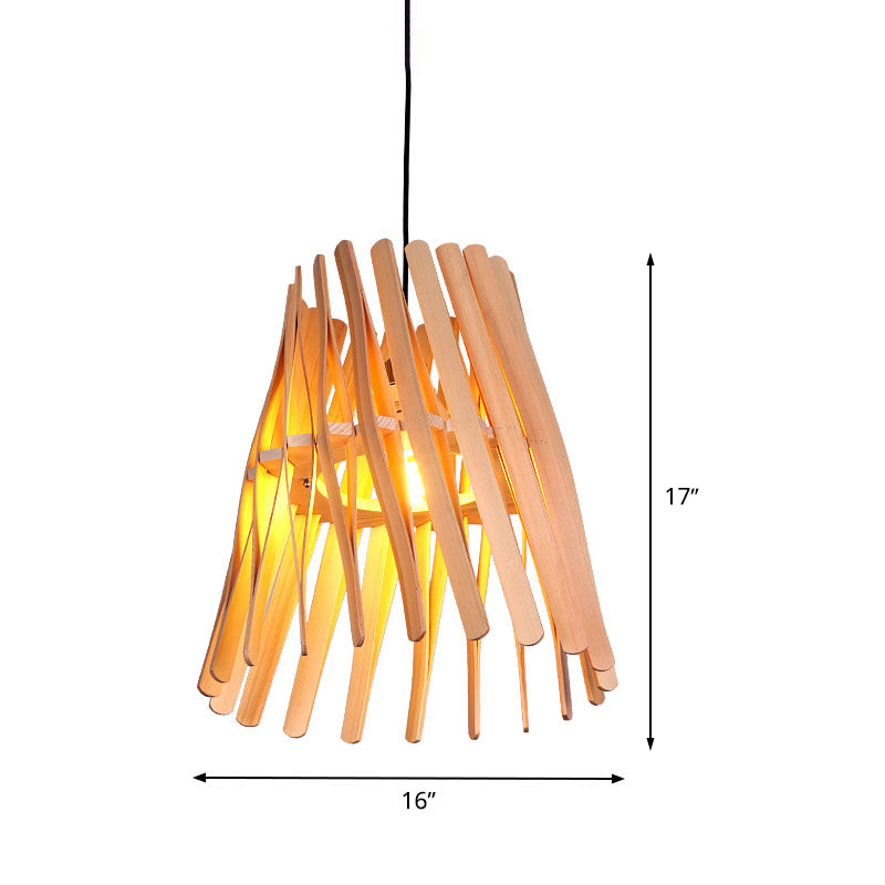 1 Bulb Bedroom Hanging Lamp Asia Beige Ceiling Pendant Light with Conical Wood Shade Clearhalo 'Ceiling Lights' 'Pendant Lights' 'Pendants' Lighting' 380141
