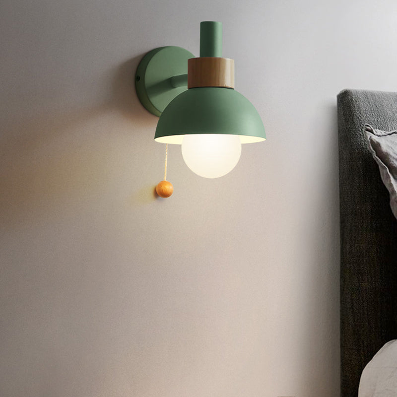 Macaron Domed Sconce Light Fixture 1 Bulb Wall Light Fixture with Metal Shade and Pull Chain in White/Pink/Green Clearhalo 'Cast Iron' 'Glass' 'Industrial' 'Modern wall lights' 'Modern' 'Tiffany' 'Traditional wall lights' 'Wall Lamps & Sconces' 'Wall Lights' Lighting' 380163