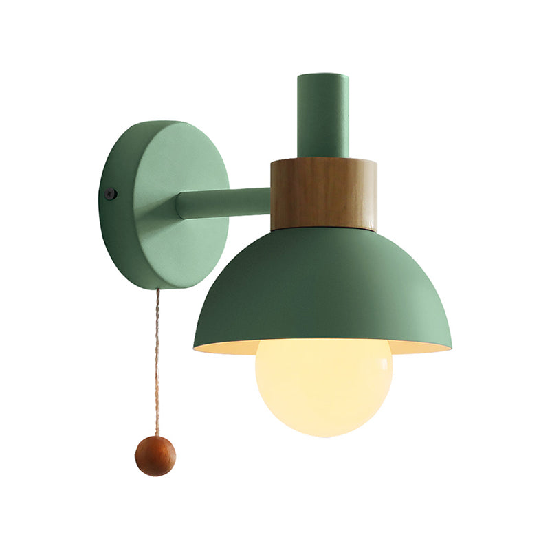 Macaron Domed Sconce Light Fixture 1 Bulb Wall Light Fixture with Metal Shade and Pull Chain in White/Pink/Green Clearhalo 'Cast Iron' 'Glass' 'Industrial' 'Modern wall lights' 'Modern' 'Tiffany' 'Traditional wall lights' 'Wall Lamps & Sconces' 'Wall Lights' Lighting' 380164