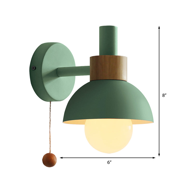 Macaron Domed Sconce Light Fixture 1 Bulb Wall Light Fixture with Metal Shade and Pull Chain in White/Pink/Green Clearhalo 'Cast Iron' 'Glass' 'Industrial' 'Modern wall lights' 'Modern' 'Tiffany' 'Traditional wall lights' 'Wall Lamps & Sconces' 'Wall Lights' Lighting' 380165