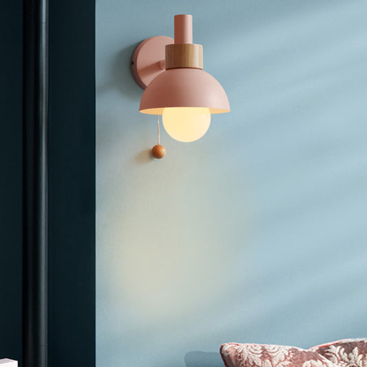 Macaron Domed Sconce Light Fixture 1 Bulb Wall Light Fixture with Metal Shade and Pull Chain in White/Pink/Green Pink Clearhalo 'Cast Iron' 'Glass' 'Industrial' 'Modern wall lights' 'Modern' 'Tiffany' 'Traditional wall lights' 'Wall Lamps & Sconces' 'Wall Lights' Lighting' 380166