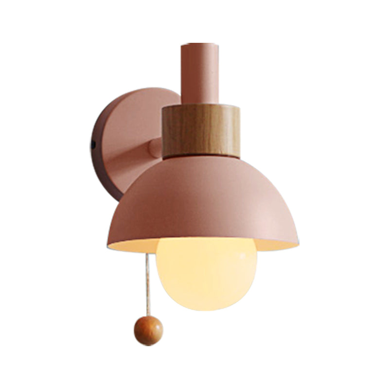 Macaron Domed Sconce Light Fixture 1 Bulb Wall Light Fixture with Metal Shade and Pull Chain in White/Pink/Green Clearhalo 'Cast Iron' 'Glass' 'Industrial' 'Modern wall lights' 'Modern' 'Tiffany' 'Traditional wall lights' 'Wall Lamps & Sconces' 'Wall Lights' Lighting' 380167