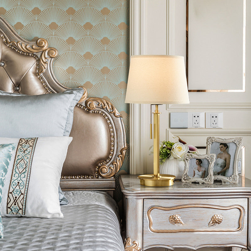 Barrel Fabric Table Light Modernist 1 Head White Nightstand Lamp with Pull Chain Clearhalo 'Lamps' 'Table Lamps' Lighting' 380223