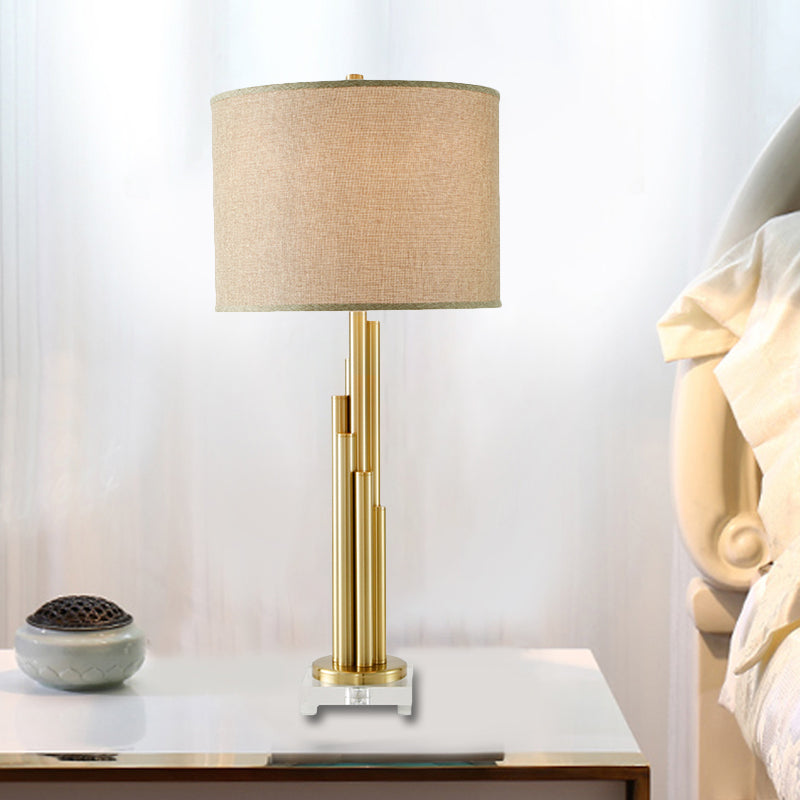 1 Bulb Dining Room Task Lamp Modernism Flaxen Reading Book Light with Drum Fabric Shade Clearhalo 'Lamps' 'Table Lamps' Lighting' 380382