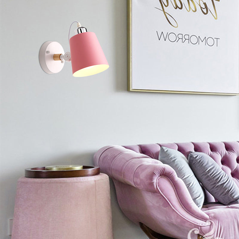 Gray/White/Pink/Yellow/Blue/Green Conical Sconce Light Fixture Minimalist Metal 1 Light Wall Mount Lamp for Bedside Pink Clearhalo 'Cast Iron' 'Glass' 'Industrial' 'Modern wall lights' 'Modern' 'Tiffany' 'Traditional wall lights' 'Vanity Lights' 'Wall Lights' Lighting' 380419