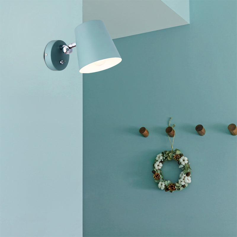 Conical Wall Sconce Light Macaron Metallic 1 Light Pink/Yellow/Blue Wall Light Fixture for Balcony, 5" W Blue Clearhalo 'Cast Iron' 'Glass' 'Industrial' 'Modern wall lights' 'Modern' 'Tiffany' 'Traditional wall lights' 'Vanity Lights' 'Wall Lights' Lighting' 380477