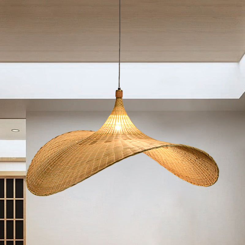1 Bulb Living Room Pendant Lamp Asia Flaxen Hanging Light Fixture with Flare Bamboo Shade Clearhalo 'Ceiling Lights' 'Pendant Lights' 'Pendants' Lighting' 380488