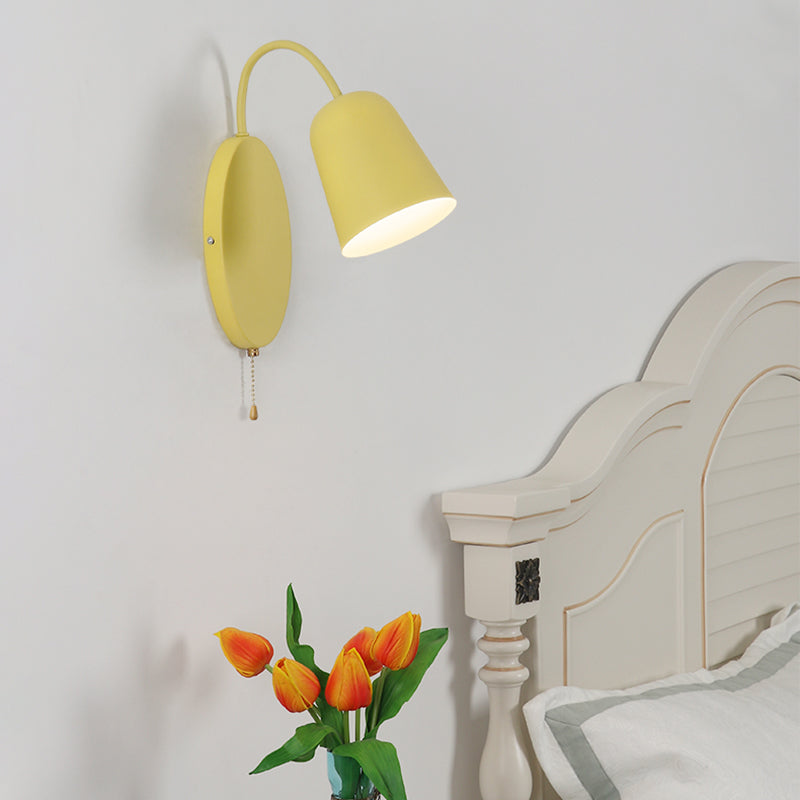 Modern Cone Sconce Light Fixture 1 Light Wall Mounted Lighting with Metal Shade and Pull Chain in Pink/Yellow/Blue/Green - Yellow - Clearhalo - 'Cast Iron' - 'Glass' - 'Industrial' - 'Modern wall lights' - 'Modern' - 'Tiffany' - 'Traditional wall lights' - 'Wall Lamps & Sconces' - 'Wall Lights' - Lighting' - 380533