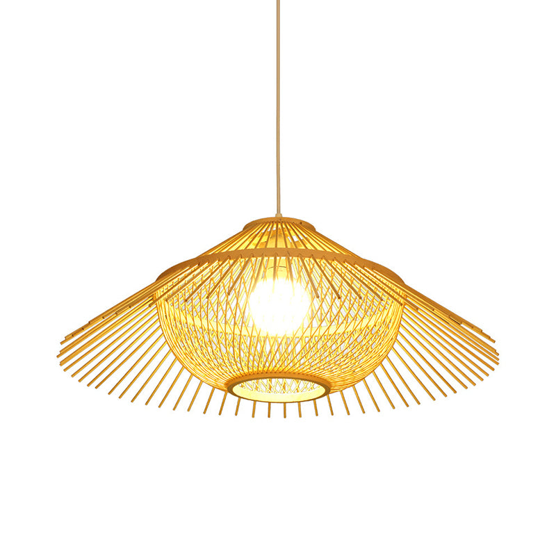 1 Head Tearoom Ceiling Lamp Asia Yellow Pendant Lighting Fixture with Conical Bamboo Shade Clearhalo 'Ceiling Lights' 'Pendant Lights' 'Pendants' Lighting' 380541